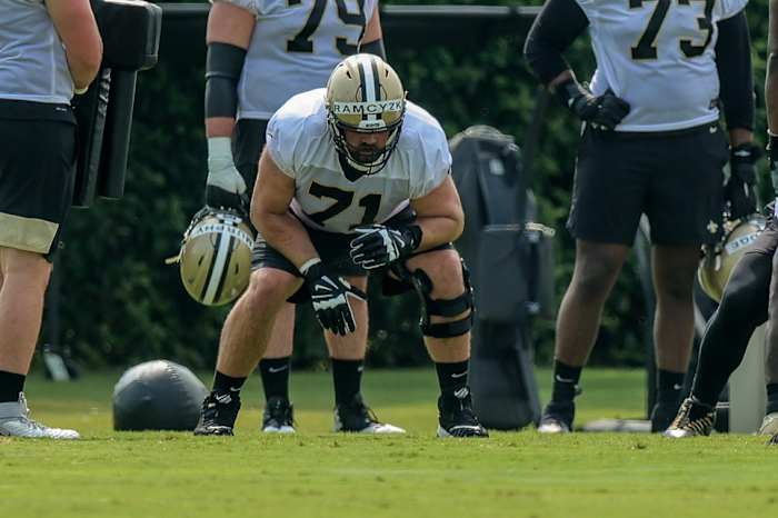 New Orleans Saints tackle Ryan Ramczyk (71) performs offensive line drills during a practice session at the Saints Training Facility. Mandatory Credit: Stephen Lew-USA TODAY